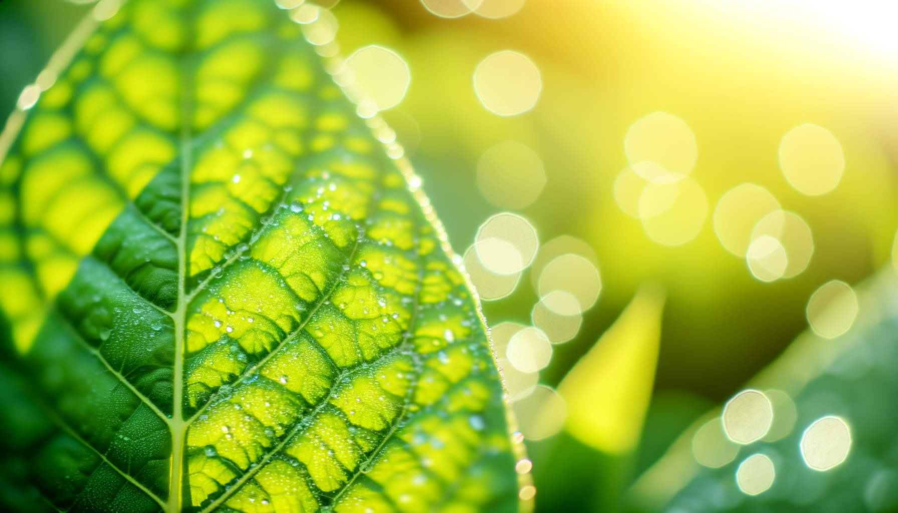 Close-up of a backlit green leaf showing detailed veins and tiny dewdrops