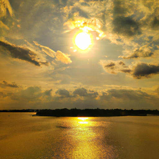 Bright golden sun breaking through scattered clouds over calm water, casting a vivid golden reflection across the surface with a dark silhouetted shoreline on the horizon.