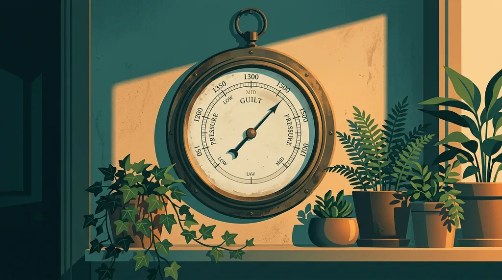 An old brass barometer reading guilt as pressure