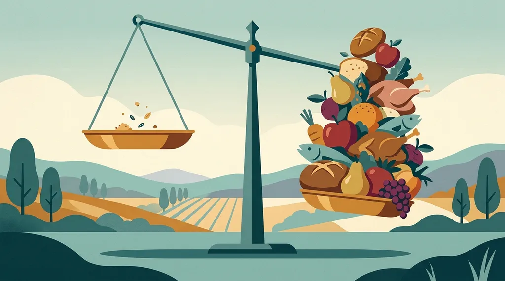 A balance scale tipped from near-empty to overflowing with food