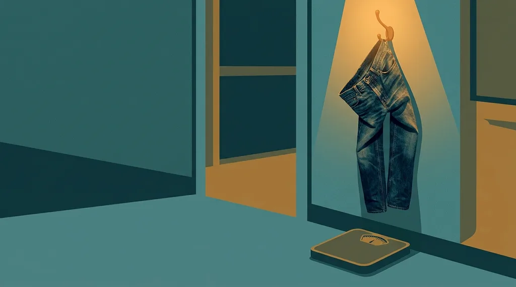 Jeans hanging in warm light, a bathroom scale tucked in shadow below