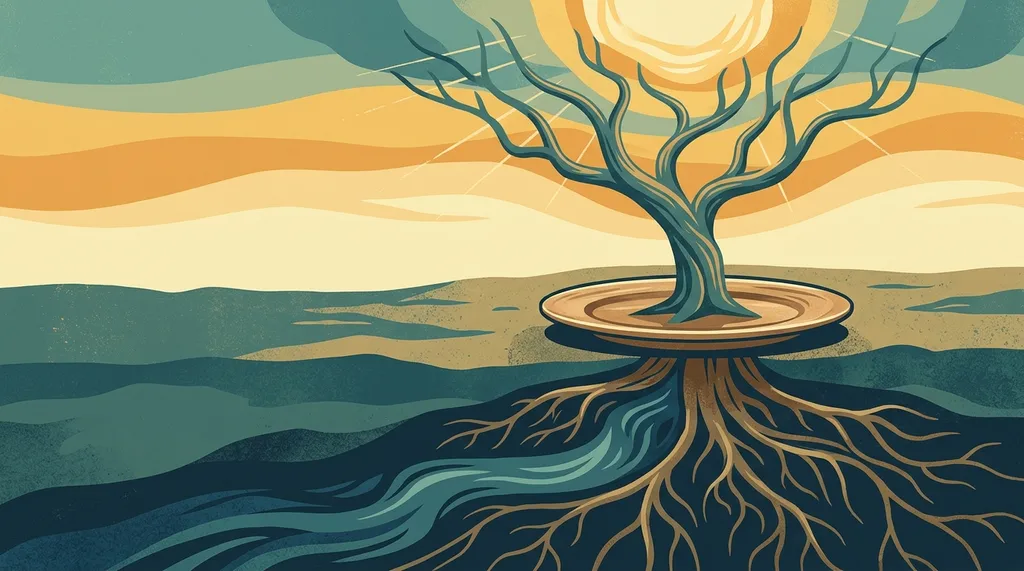 A tree growing from a plate, roots in water, branches in sunlight